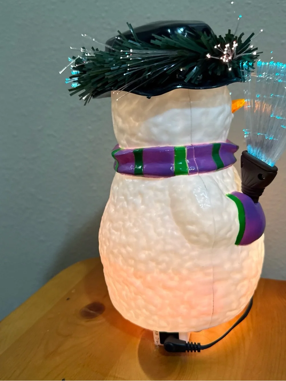 Vtg Fiber optic Blow mold  Purple & Green Snowman Holiday Light